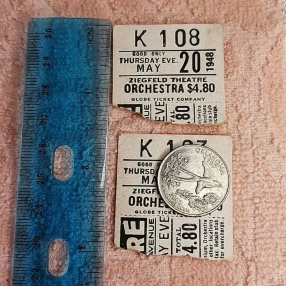 Pair of Vintage 1948 Ziegfeld Theatre Ticket Stubs Broadway NY Globe Ticket Co